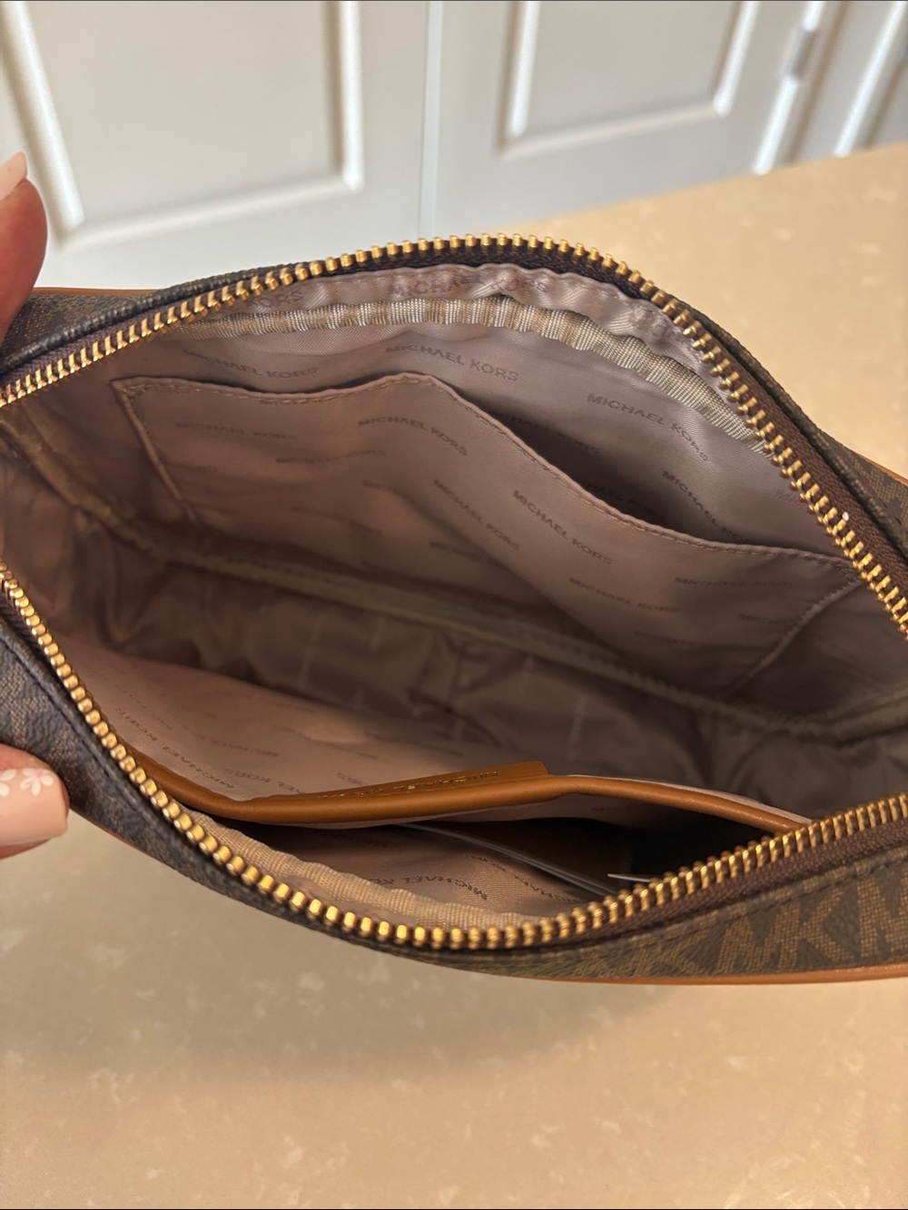 Michael Kors Brown MK Signature Crossbody with Gold Chain Trim - Picture 6 of 7